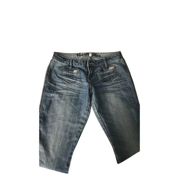 Women's Blue Denim flared Pants Size 11 Casual Whiskered Patchwork - Picture 1 of 4